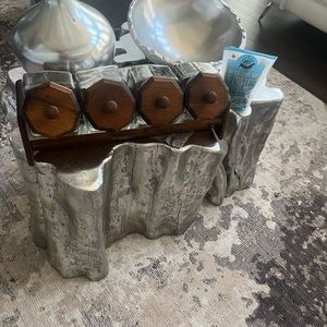 COPY - Wonderful wooden vintage 1980s glass and wood cannister set in wooden ra…